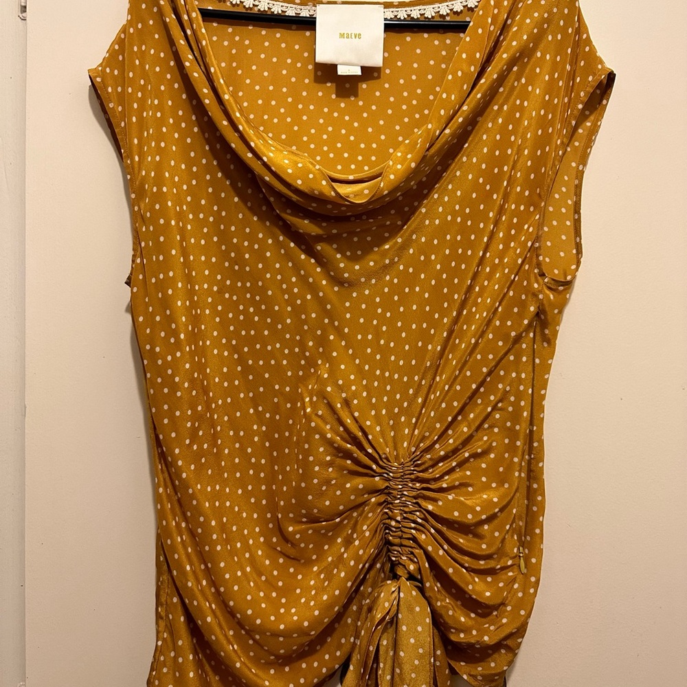 Mustard yellow blouse by Maeve. Super attractive fit.